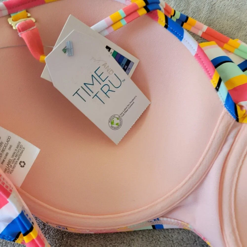 Time Tru Womens Bikini Top XL 16 18 Blue Pink Stripe Ruffle STR15E